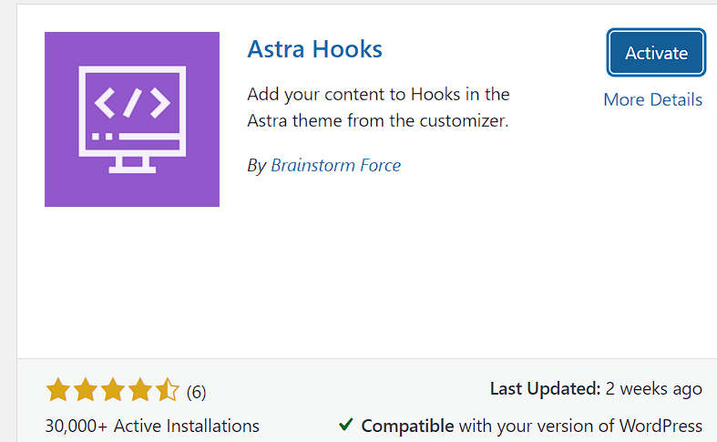 Astra hooks plugin