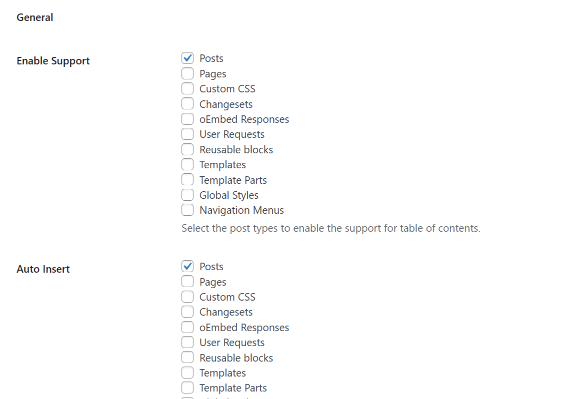 easy TOC settings