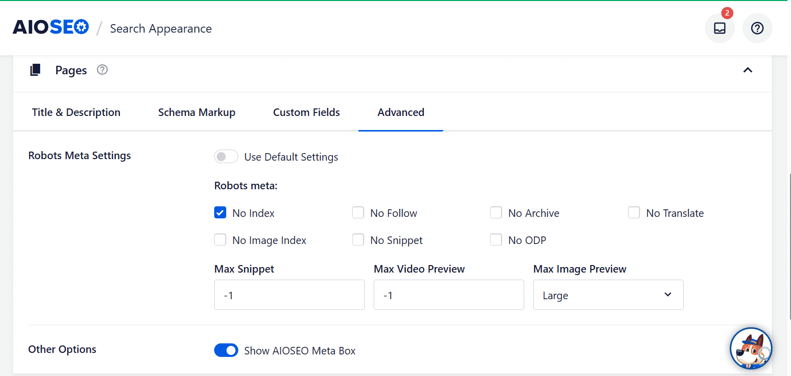 AIOSEO no index settings