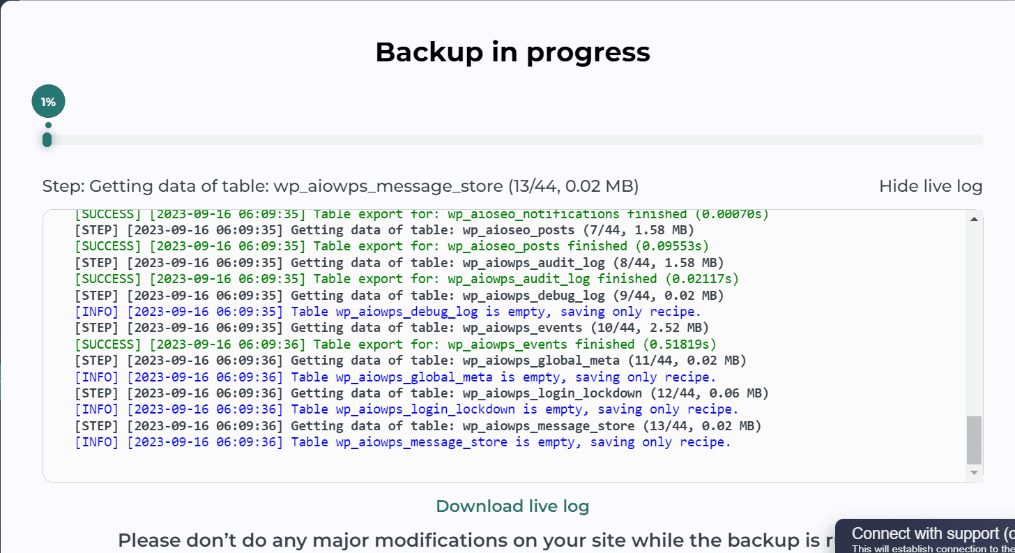 Wordpress backup live log