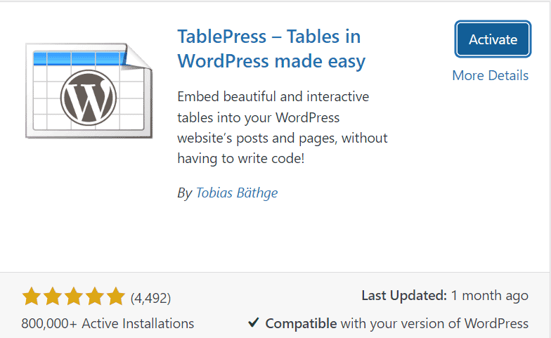 Tablepress plugin installation