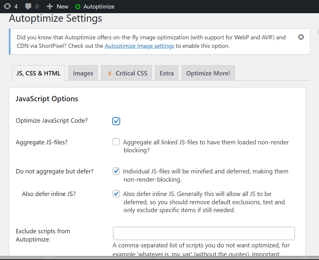 Autoptimize settings