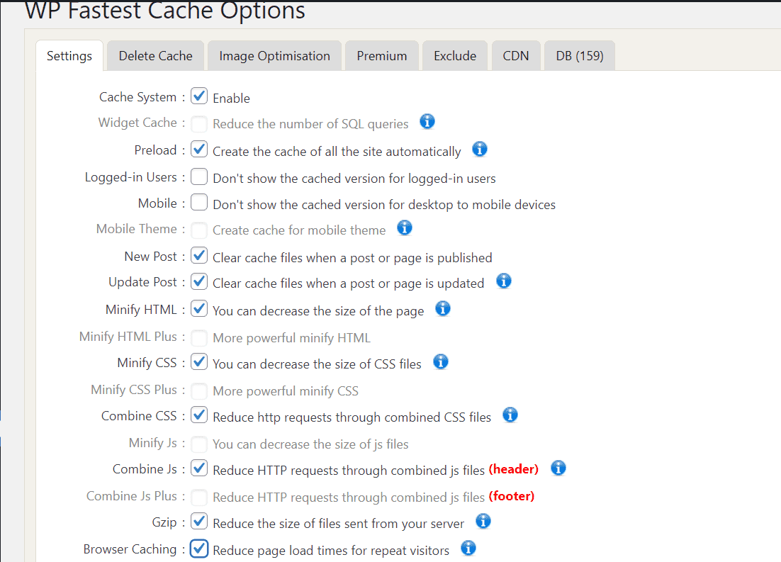 WP Fastest Cache settings