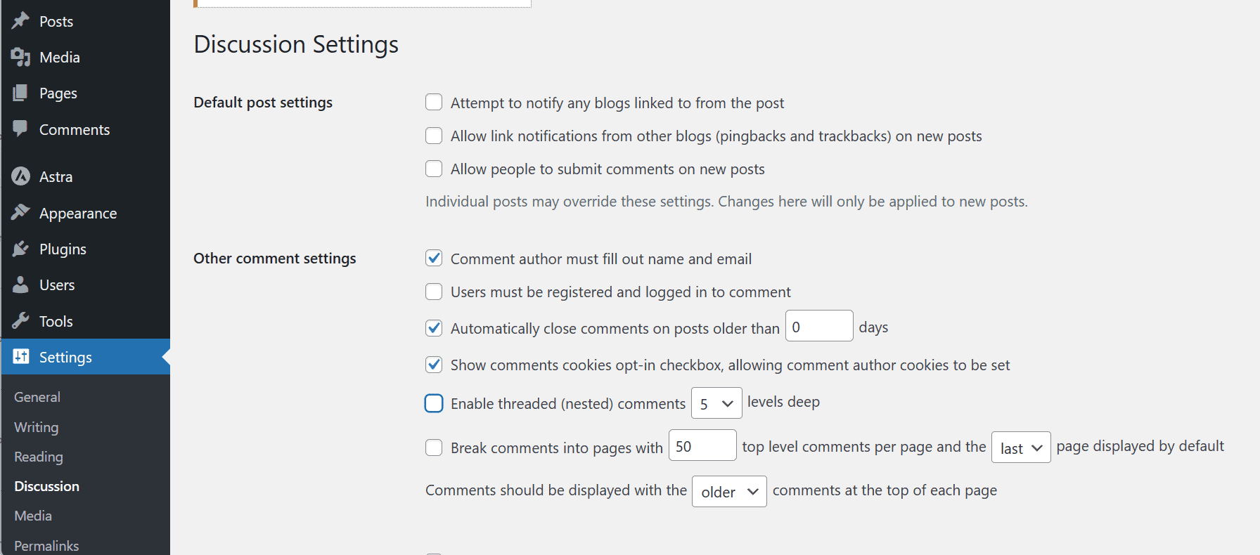 wordpress Discussion settings